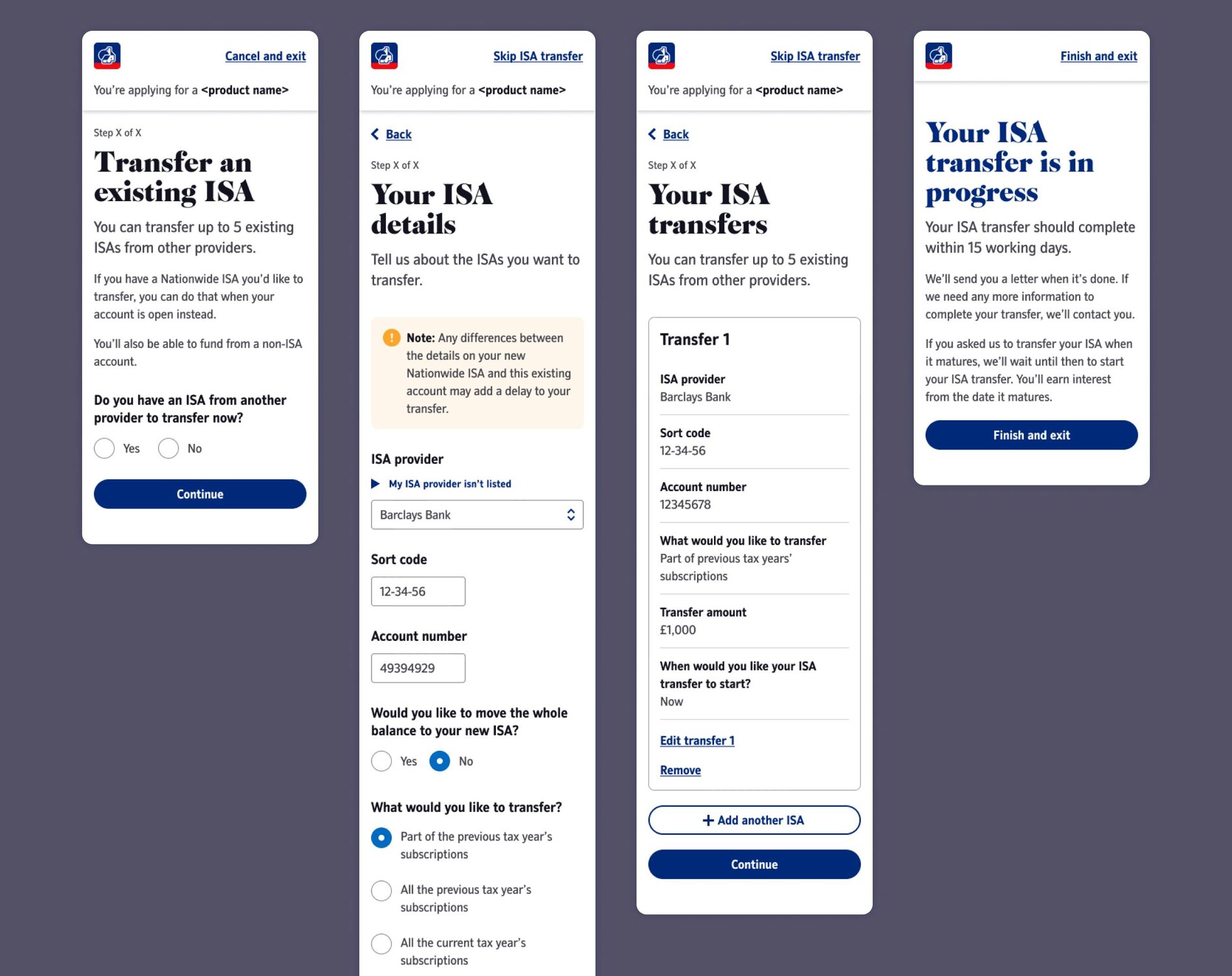 Nationwide ISA transfer application screens